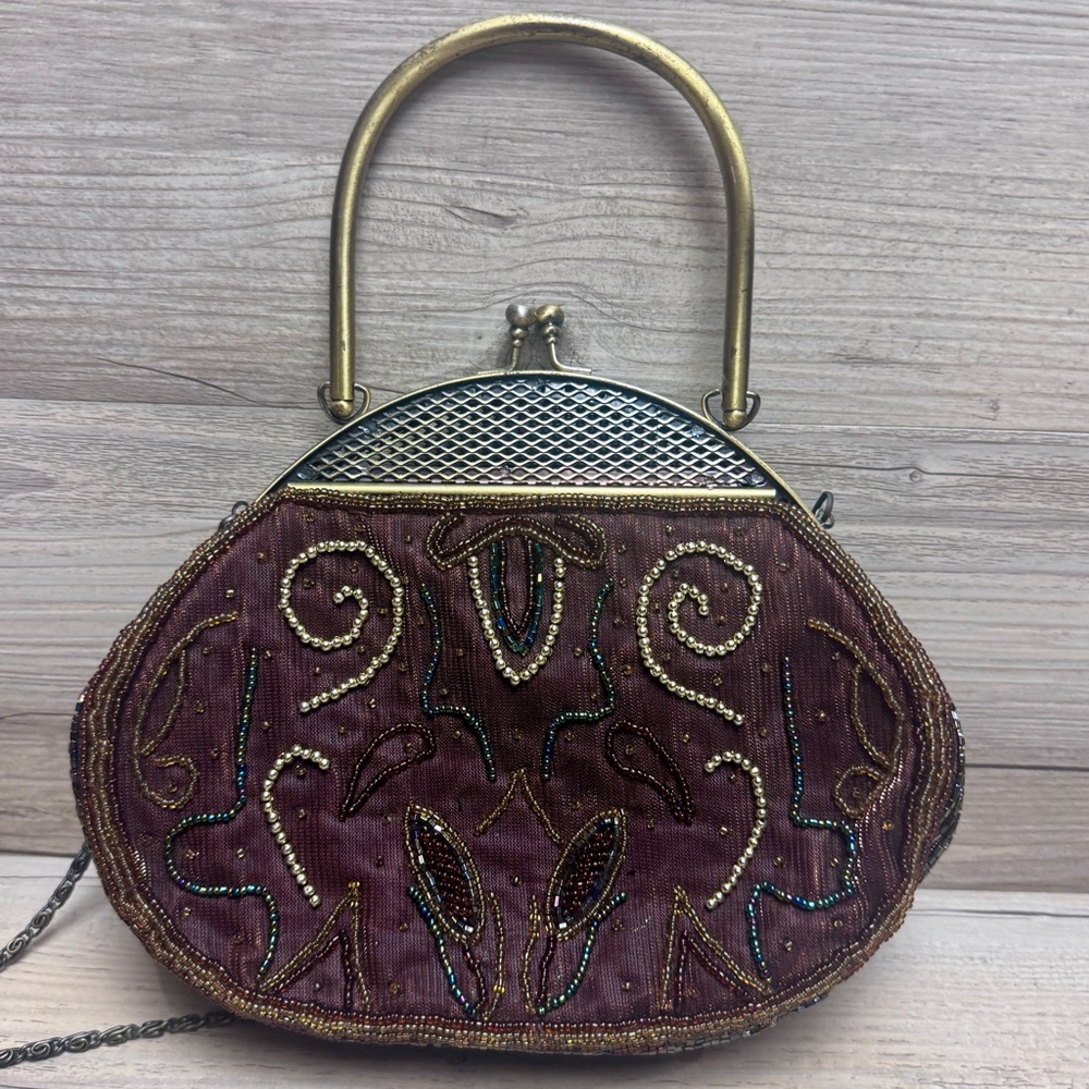 Vintage Beaded Handbag Beaded Evening Bag with Detachable Chain and brass handle